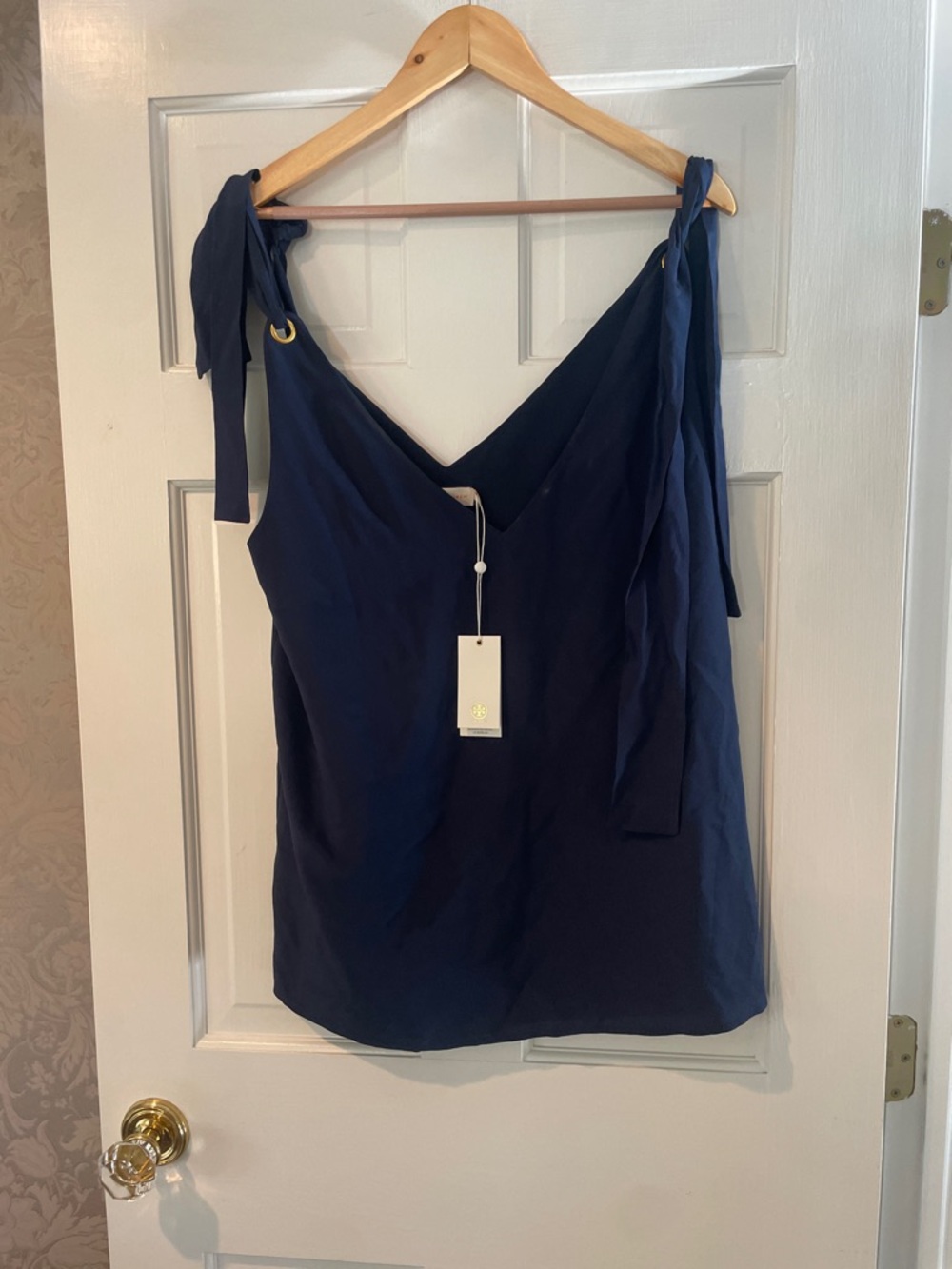 Women’s Navy Tie-Shoulder V-Neck Shell Top Tory Burch 14 XL Silk New Tags